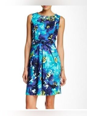 Ellen Tracy Embellished Teal Floral dress